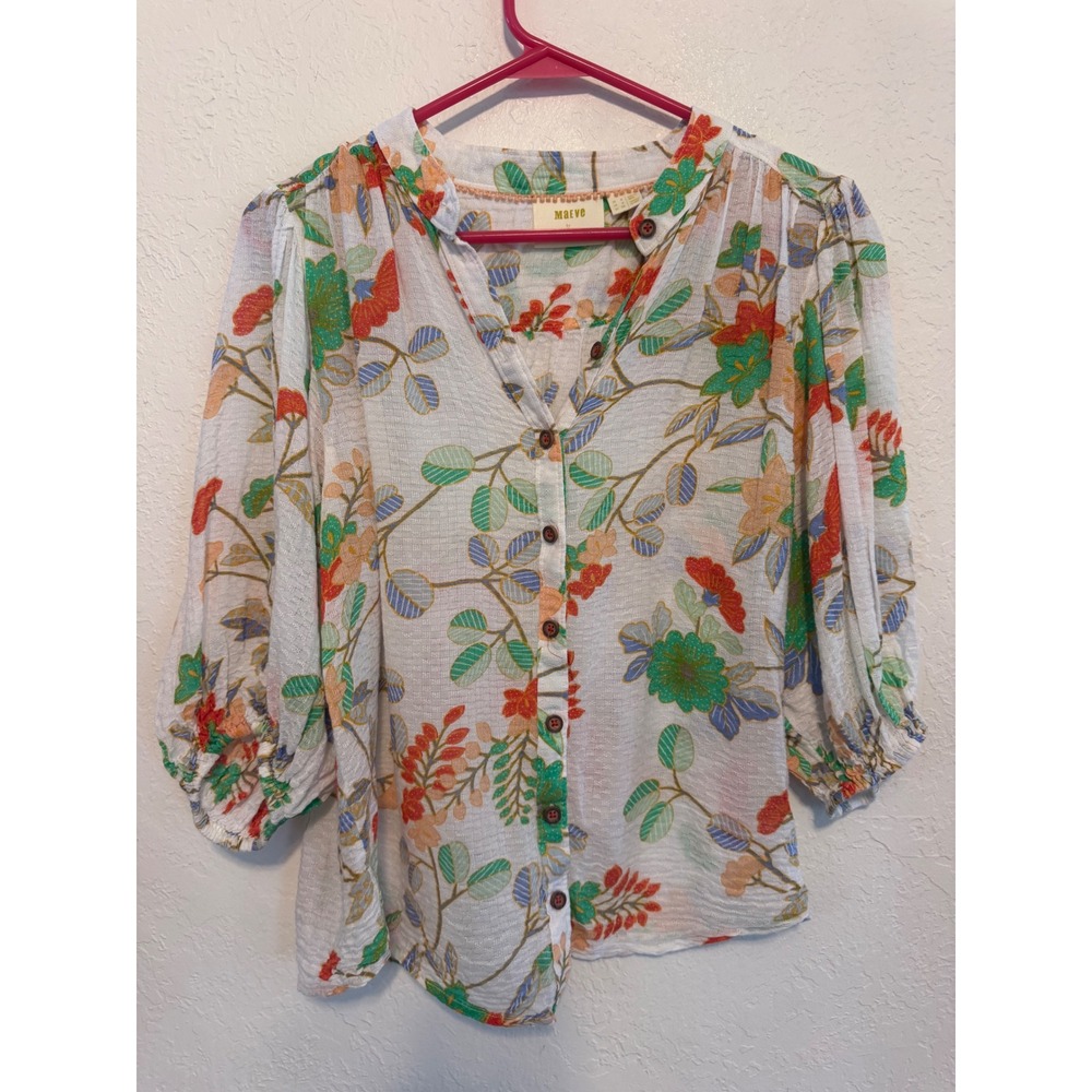 Maeve Anthropologie Floral Puff Sleeve Button Down Blouse White Multi Size 2